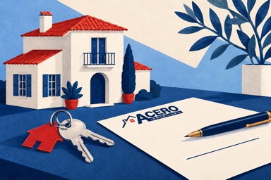Ilustración IA: compraventa de vivienda, llaves y contrato con el logo de ACERO