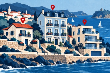 Ilustración IA: precios por zonas y edificios costeros, con logo de ACERO en una fachada