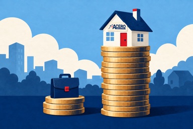 Ilustración IA: vivienda y salarios sobre pilas de monedas, con logo de ACERO en la casa