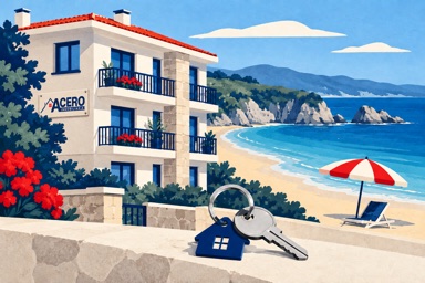 Ilustración IA: alquiler costero y turismo, con placa de ACERO integrada en el edificio